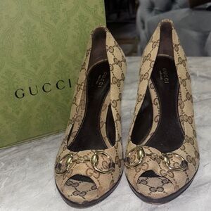 Gucci Tan Monogram Peep-Toe Heels